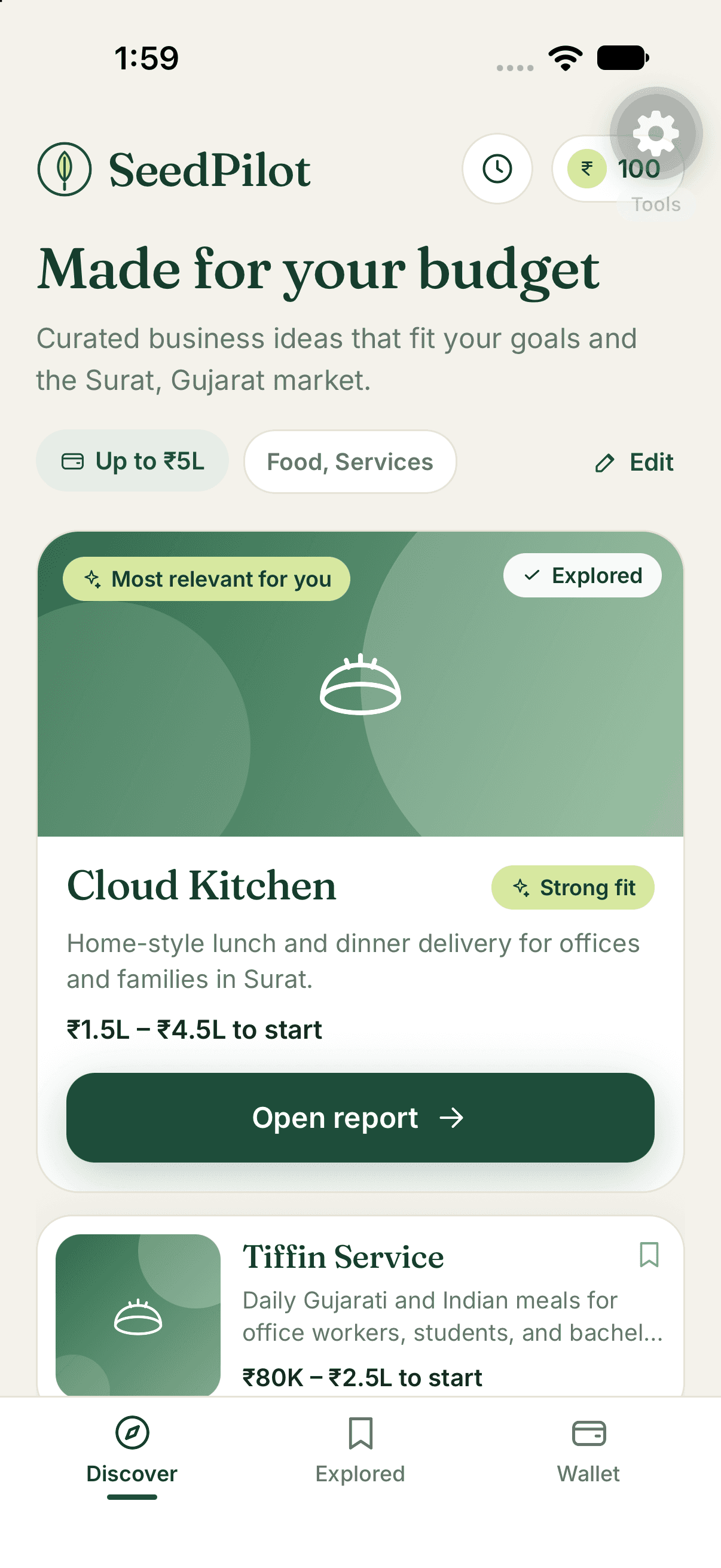 SeedPilot Discover screen listing business ideas that fit a budget